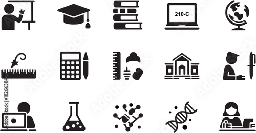 School and education knowledge icon set. Vector glyph pictograms of books, pencil, school building, learning subject, classroom study, academic syllabus, homework task, teaching material black silhoue