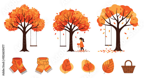 Beautiful autumn elements set with colorful trees, a child enjoying fallen leaves, cozy scarves, and a picnic basket for fall themes.
