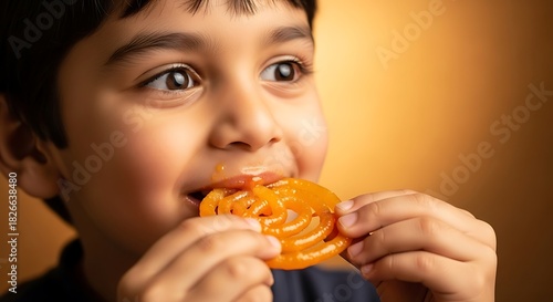 a young boy with a delighted expression enjoys a vibrant piece of jalebi a classic indian sweet savoring its sugary and syrupy goodness with joy