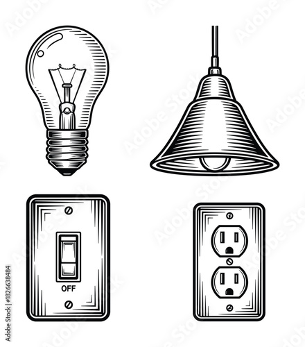Electrical elements set light bulb pendant lamp light switch and power outlet