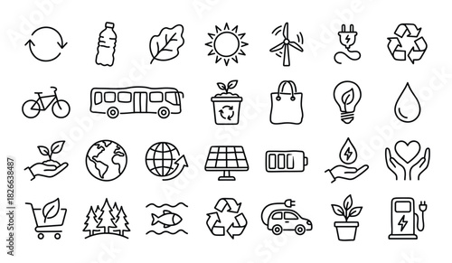 Ecology and environment icon set hand drawn style doodle sketch for green energy and nature