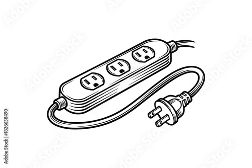 Electrical outlet extension cord power bar doodle sketch black and white illustration
