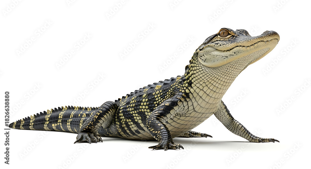 Fototapeta premium A small baby alligator with textured skin and a long tail isolated on white background