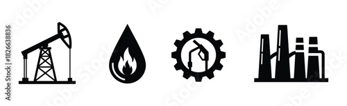 Energy production icons showing an oil pumpjack, a flaming oil drop, a gas pump in a gear, and a factory