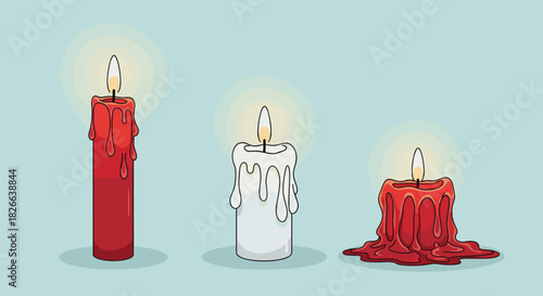 Three burning candles depicted in various stages of melting, a tall red one, a white one with dripping wax, and a short red one mostly melted, against a light blue background.