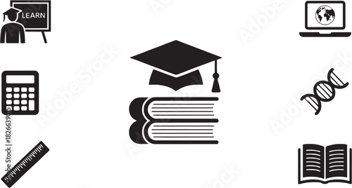 Education and graduation achievement icon set. Vector glyph pictograms of cap, diploma, ceremony honor, student success, academic degree, learning milestone, scholar pride, knowledge future black silh