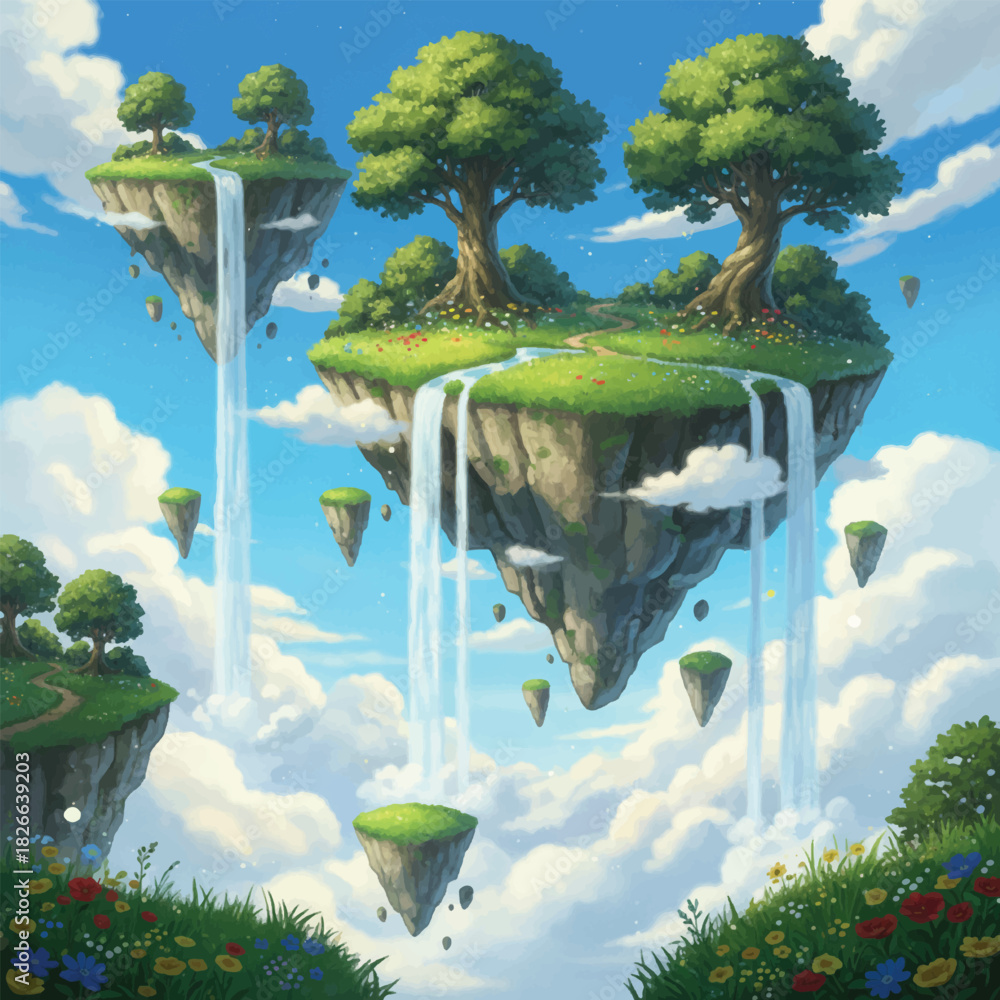 Obraz premium A vibrant illustration of floating islands with waterfalls, lush greenery, and trees under a bright blue sky.