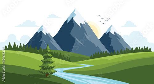 A beautiful flat design illustration of a serene mountain landscape with snow-capped peaks, rolling green hills, a winding river, and lush forest.