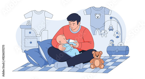 A loving father sitting on a checkered mat, bottle-feeding his baby in a cozy nursery filled with various baby essentials.