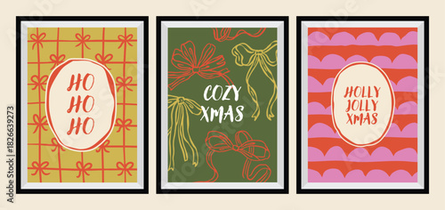 A collection of Christmas greeting cards with whimsical holiday ornaments. 	