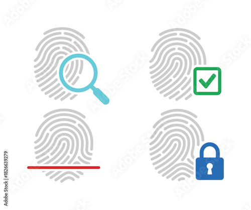 Fingerprint security vector icons set with magnifier checkmark scan line and padlock for authentication