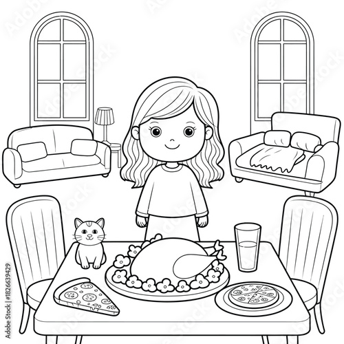 Happy girl with festive turkey and pizza meal, coloring book outline illustration isolated on white background, Vector, illustration