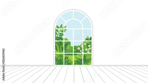 Serene window view, greenery and flowers bringing peace and tranquility to your space, perfect for mindful design