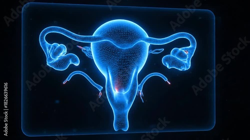 3D rendering of female reproductive system glowing blue on black background.