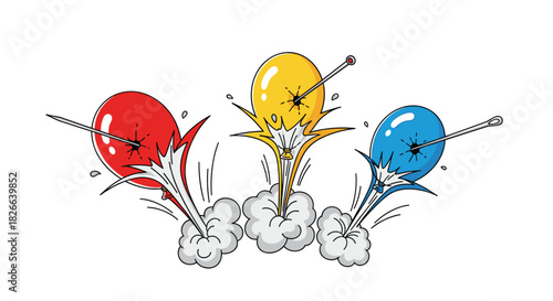 Three colorful balloons bursting simultaneously as they are pricked by sharp needles, creating a dynamic visual of destruction.