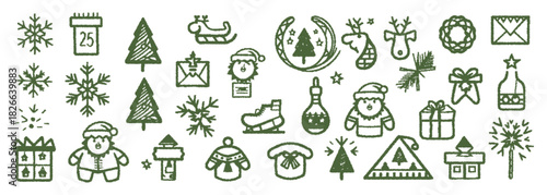 Chalk hand-drawn retro Christmas and New Year icons, grunge charcoal sketches featuring winter holiday decorations, festive doodles, and creative elements ideal for posters, invitations, and seasonal 