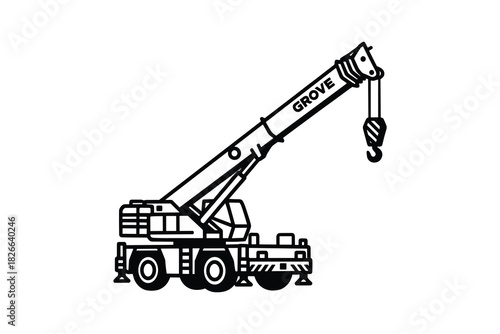 Grove mobile crane truck with an extended boom and hook for heavy lifting operations