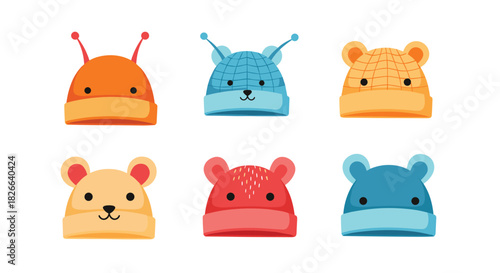 A delightful collection of six colorful and cute cartoon winter hats, showcasing various playful designs and animal faces, on a white background.