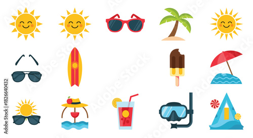 A collection of colorful summer and beach-related icons and illustrations including suns, sunglasses, surfboards, and tropical elements.