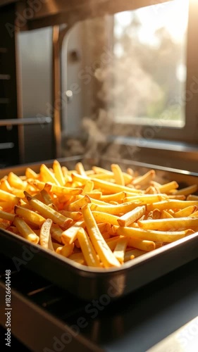 Crispy golden fries in a dark baking tray being cooked inside of a hot oven on a sunny day.