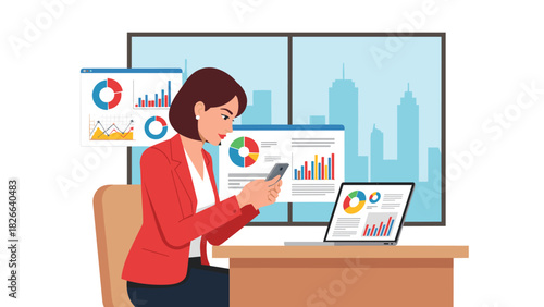 Professional woman analyzing financial charts on phone and laptop in modern office, enhancing business strategy and data visualization