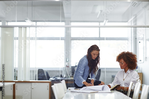 Startup, women or plan with paperwork in office, campaign schedule or project development. Calendar, event organization or marketing coordinator with launch agenda, people brainstorming or teamwork