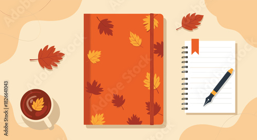 An autumn-themed flat lay featuring a journal, a cup of coffee, a notebook, a pen, and various fall leaves on a warm background.
