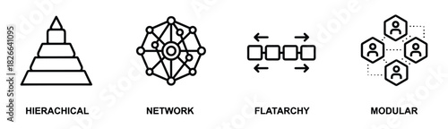 Hierarchical network flatarchy and modular organization structures icon set