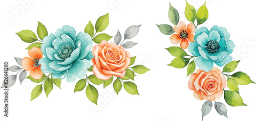 Watercolor floral bouquet with peach rose and teal peony art