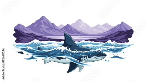 Powerful shark gracefully swimming through ocean waves with majestic mountains in the distance ideal for ocean conservation campaigns