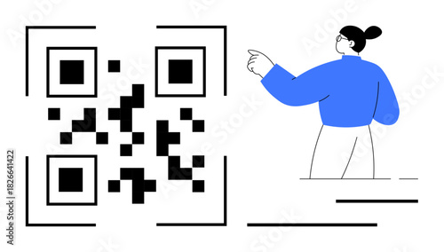 QR code alongside a person gesturing toward it. Ideal for technology, scanning, data access, communication, marketing, innovation, and digital connection. Simple flat metaphor