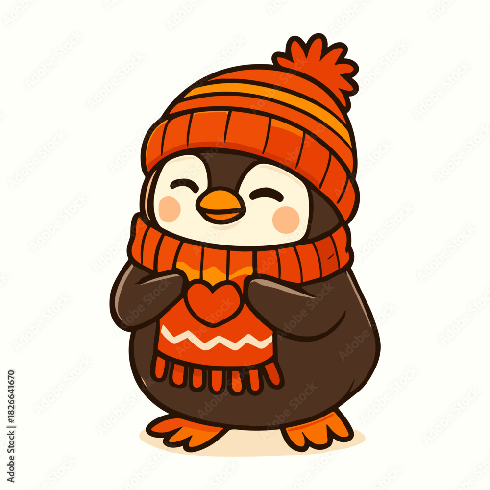 Naklejka premium Cute penguin cartoon with winter hat and scarf art