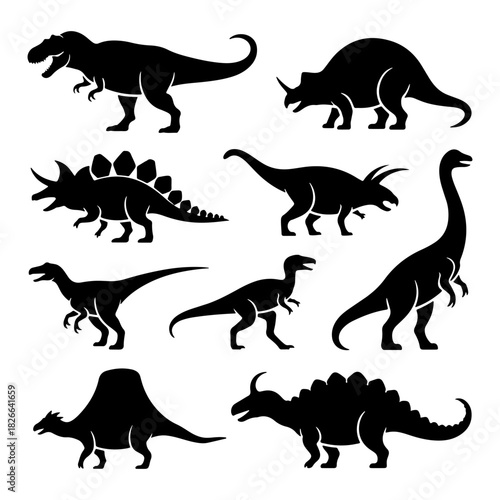Silhouettes of various dinosaurs in unique poses and arrangements showcasing diverse species