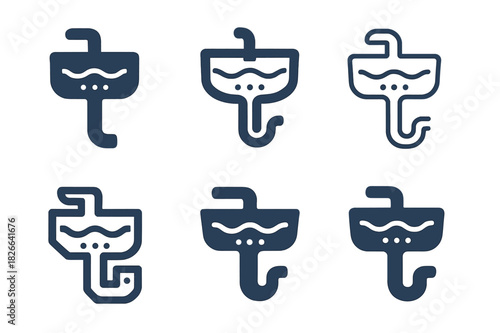 Clogged Drain Icons. Clogged drain concept. Icon set. Set Logo of clogged drain concept: Slow-draining sink water icon. harmonious logo variations of the same
