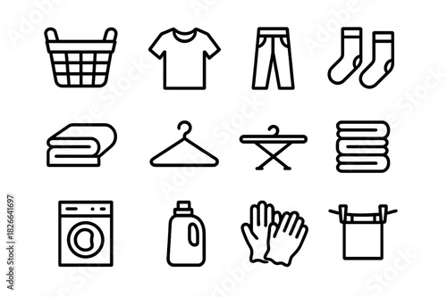 Clothes Care Icons. Clothes Care. Line icon set of Clothes Care: laundry basket, t-shirt, pants, socks, towel, hanger, ironing board, folded stack, washing