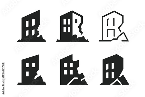 Collapsed Buildings Icons. Collapsed buildings. Icon set. Set Logo of Collapsed buildings: Partially standing building. harmonious logo variations of the same