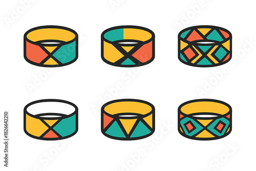 Colorful Accessory Logos. Colorful accessories. Icon set. Set Logo of accessories: bracelets with geometric patterns. harmonious logo variations of the same