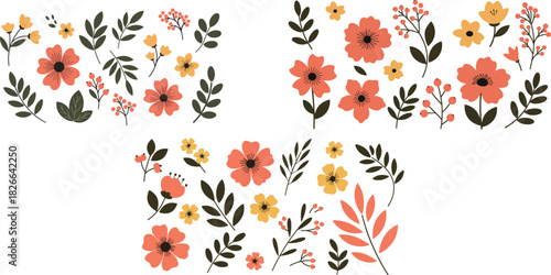 Flat design vibrant floral elements with coral flowers and leaves