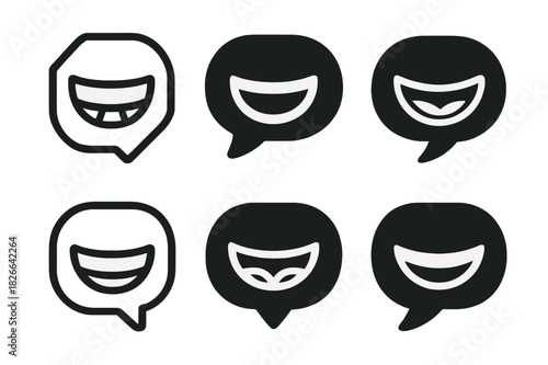 Comedy Podcast Logos. Comedy Podcast. Icon set. Set Logo of Comedy Podcast: speech bubble with grin. harmonious logo variations of the same emblematic concept,