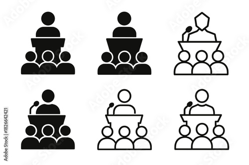 Community Logo Variations. Participating in a community gathering. Icon set. Set Logo of community: person speaking at event. harmonious logo variations of the