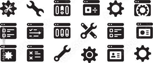 Tools and productivity planning icon set. Vector glyph pictograms of gears, wrench, calendar, checklist, workflow, engineering, industrial process, workplace organization, mechanical system black silh