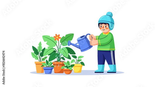 Gardening illustration of a person in a blue hat and boots watering potted plants