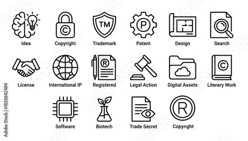 Intellectual property line icons set representing idea copyright trademark and patent concepts