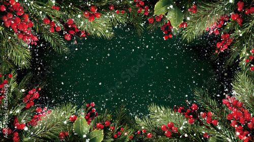 Red and green Christmas border with sparkling stars, berry sprigs, snow-dusted pine framing smooth empty center 