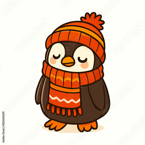 Stylized cartoon penguin wearing a warm winter hat and scarf, eyes closed, in digital illustration