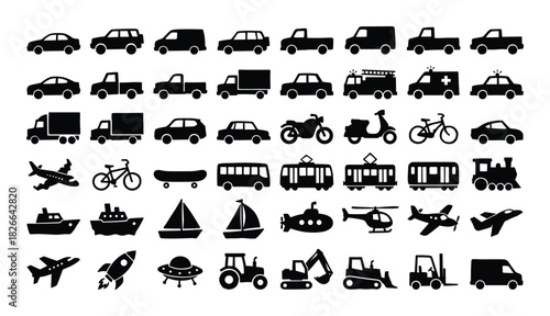 Large collection of transportation vehicle flat icons including land, air, and water transport types
