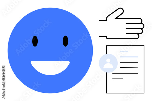 Smiling face, hand giving thumbs up, and document with profile circle. Ideal for feedback, approval, satisfaction, evaluation, teamwork customer service and user experience. Simple flat metaphor