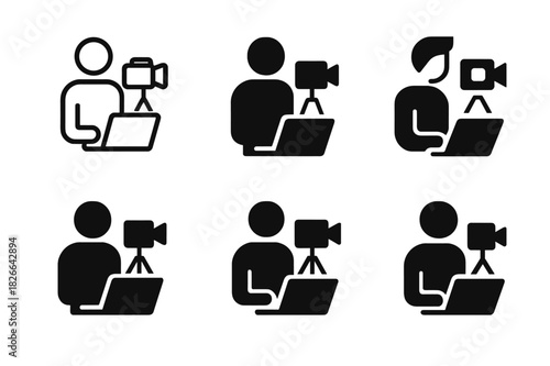 Content Creator Icons. Content creators making videos or writing blogs. Icon set. Set Logo of Content creators making videos or writing blogs: Person with