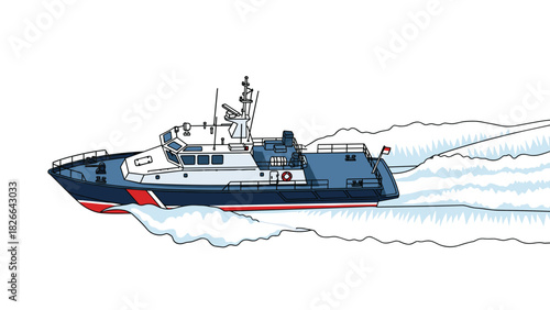 Powerful coast guard cutter speeding through ocean waves with national flag flying high, symbolizing maritime security and protection services