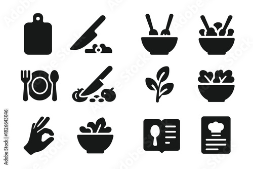 Cooking Icon Set. Cooking process. Solid icon set of Cooking process: cutting board, knife, mixing bowl, salad toss, plate, fork, spoon, chopping vegetables,